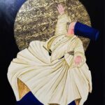 Elegant Rumi-inspired Arabic calligraphy painting in blue and gold by Pakistani calligrapher in Dubai, reflecting spiritual wisdom and artistic mastery.
