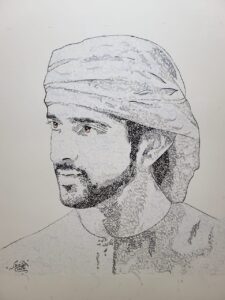 Calligraphy Portrait of Sheikh Hamdan bin Mohammed (Fazza), designed by Pakistani calligrapher Alfirdous in Dubai, blending Arabic script and royal elegance — showcasing modern calligraphy in UAE style.